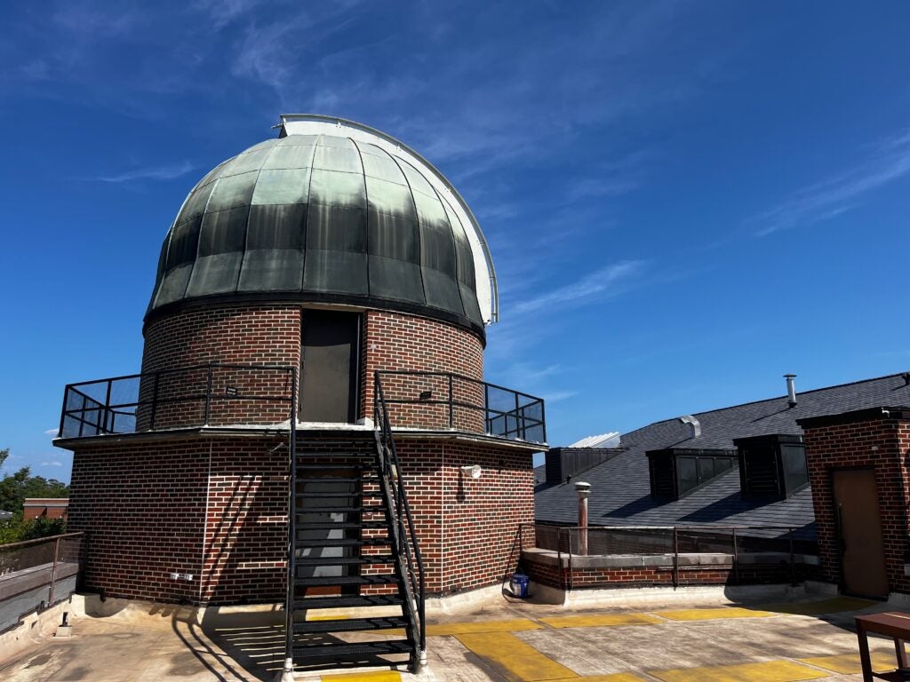 A round, brick structure with a domed roof, the observatory on the roof of UA's Gallalee Hall. 