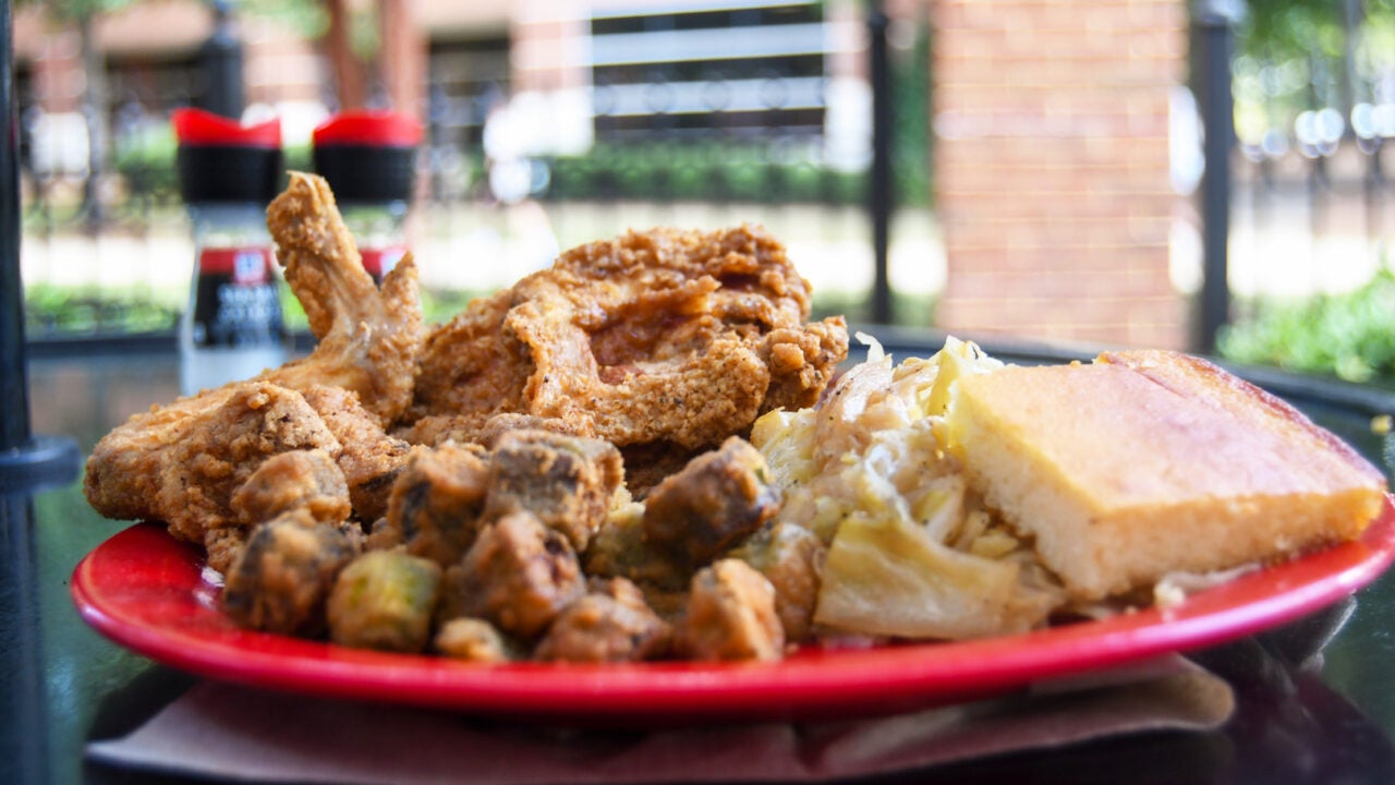 Fried chicken, collard greens, macaroni and cheese, cornbread