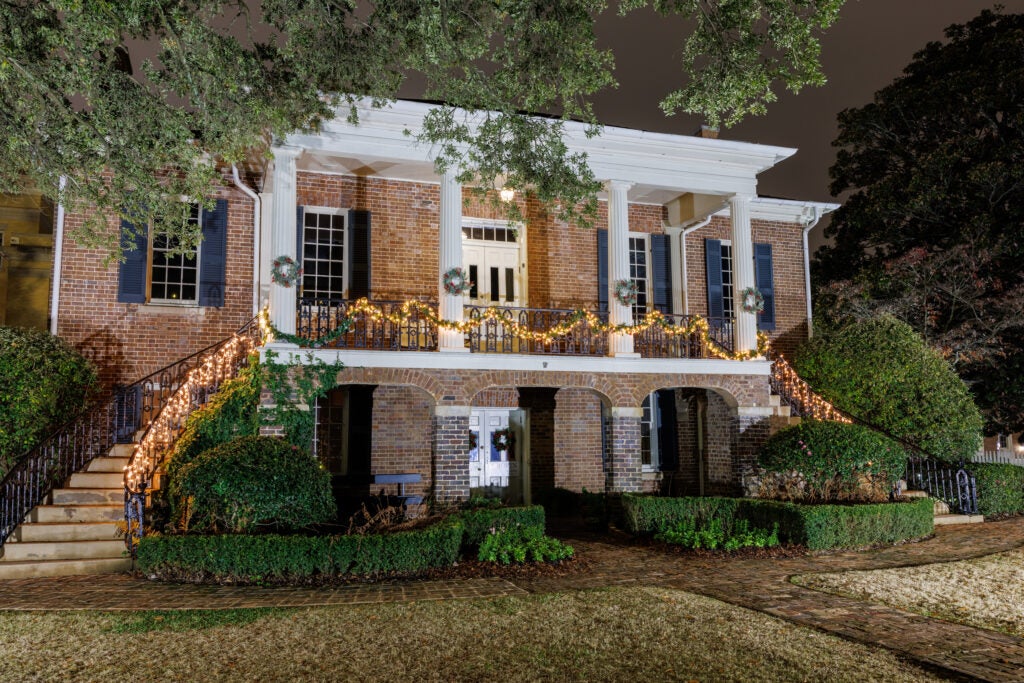 Gorgas House decorated in Christmas lights