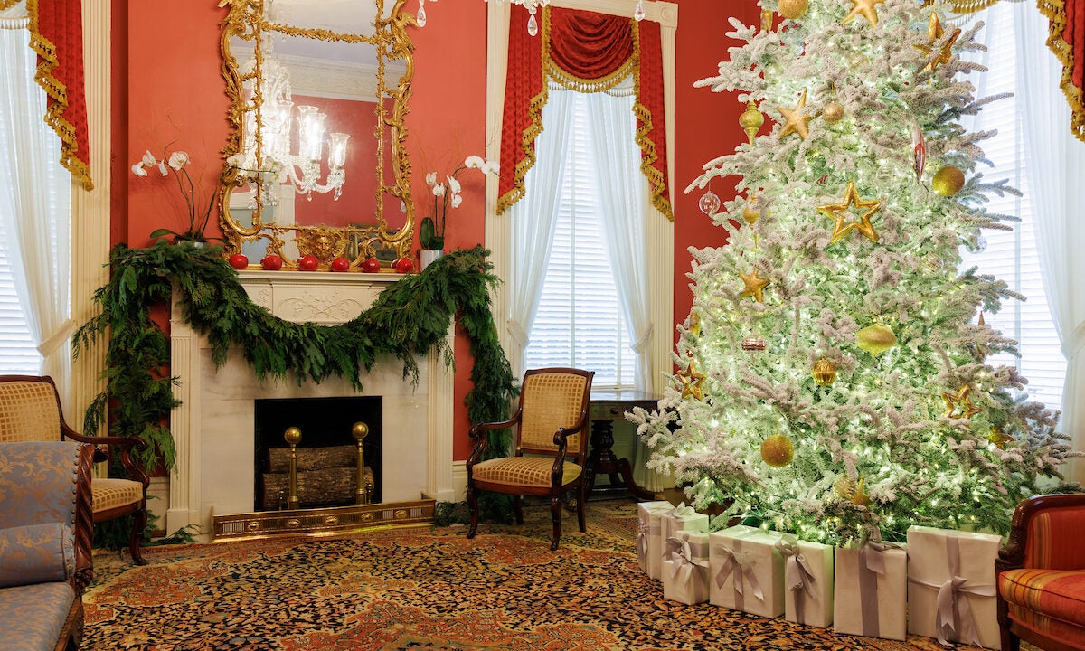 A beautifully decorated room with a Christmas Tree.