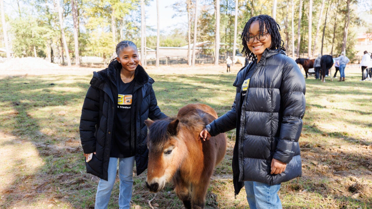 two young women pet a miniature horse