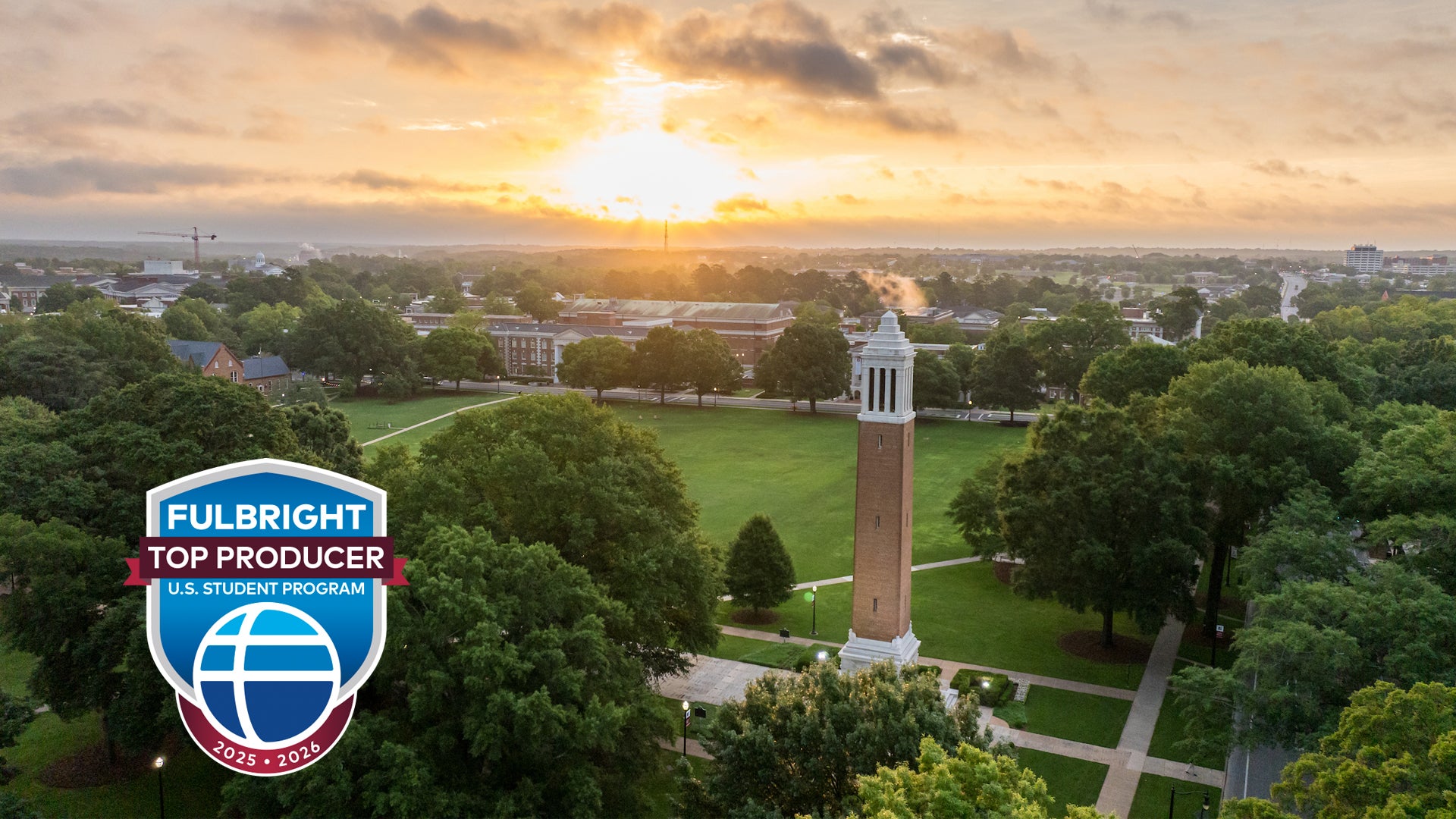 An aerial photo of Denny Chimes and the Quad with the Fulbright Top Producer logo