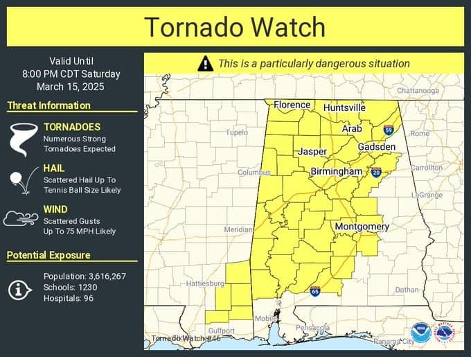 A Tornado Watch shown on a map of Alabama and Mississippi. It shows many counties in Mississippi and Alabama are included in the Tornado Watch.