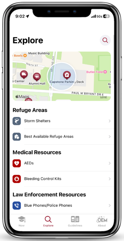 A photo of the Explore feature of the UA Safety app.