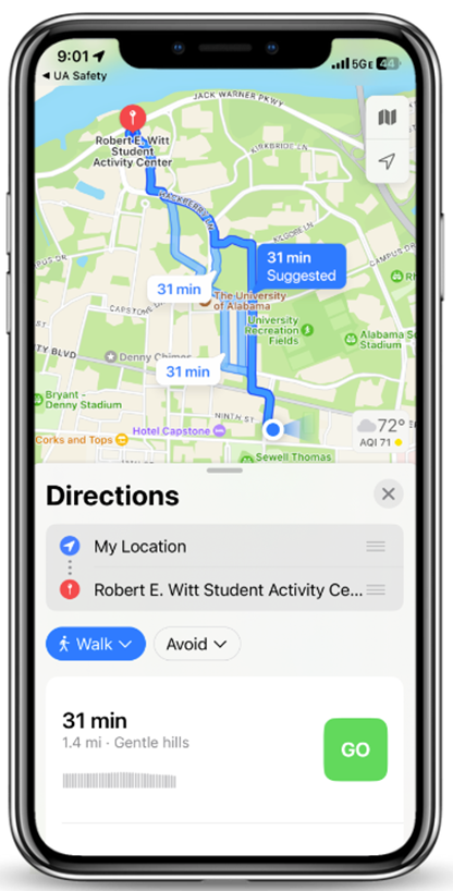 A photo of the map feature of the UA Safett y app.