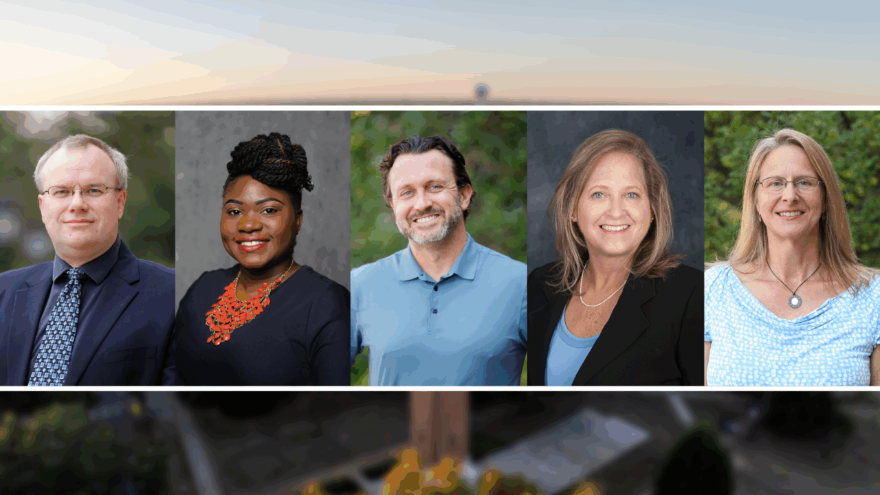 a collage of five faculty members portraits