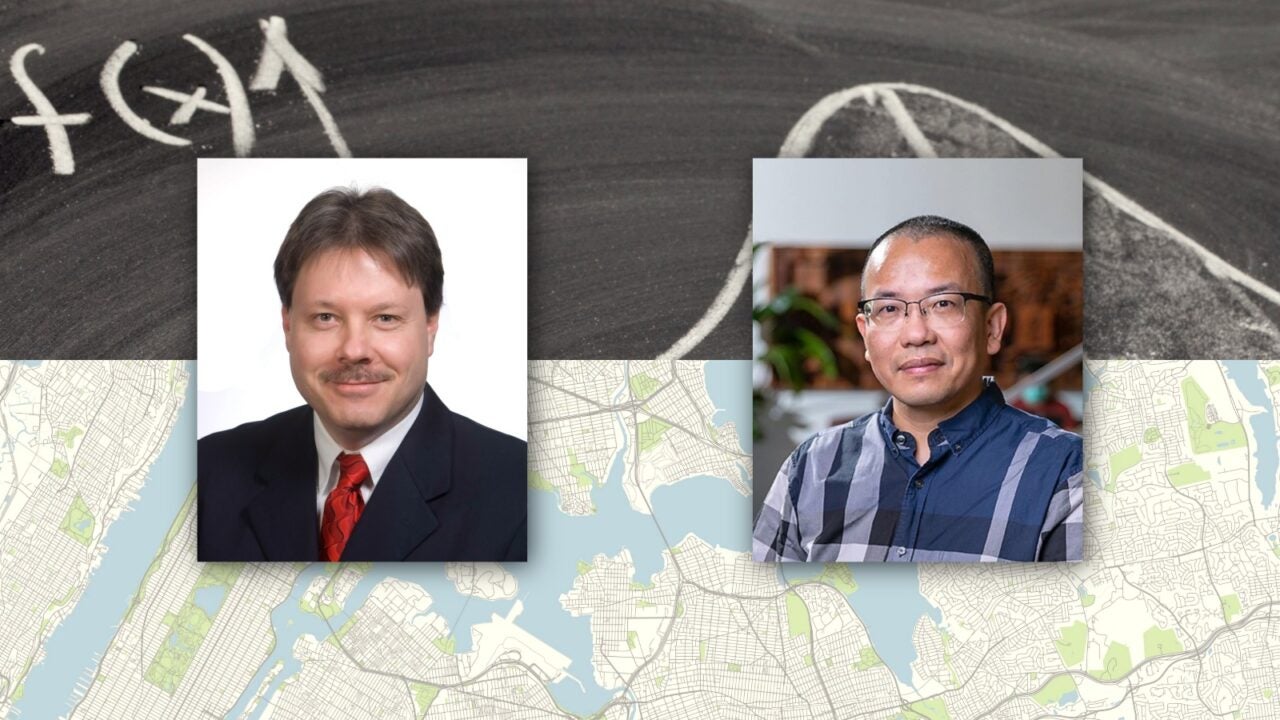 James Cochran and Xinyue Ye headshots in front of a background showing a map with no labels and a blackboard with a formula written in chalk