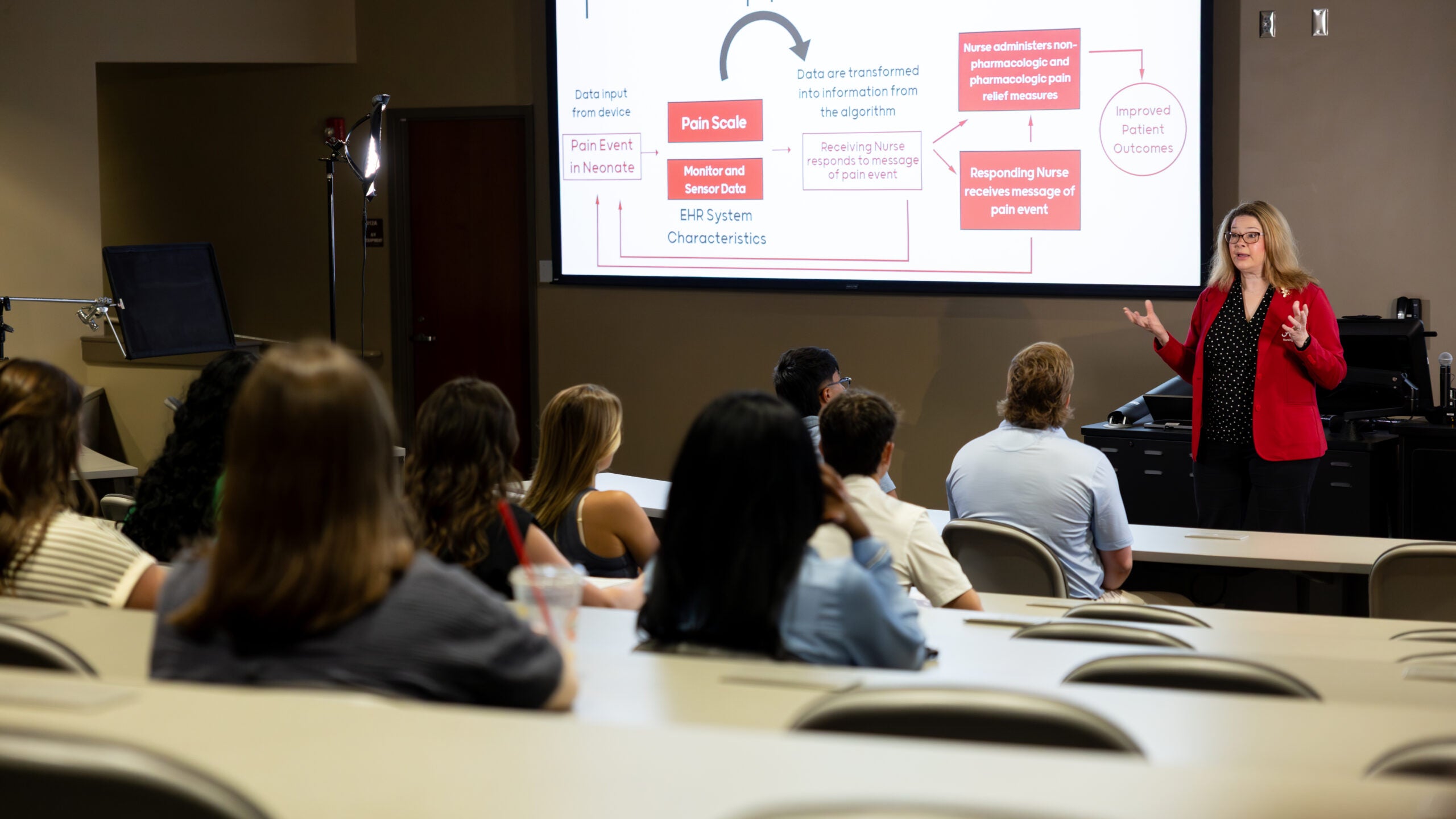 A professor stands in front of her class giving a lecture.